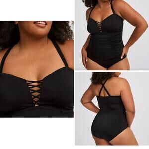 TORRID Lattice Front Swimsuit Size 2X Black Ruched Wire-Free One Piece NEW